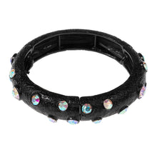 Load image into Gallery viewer, Black Round Glass Stone Accented Textured Metal Bangle Stretch Bracelet
