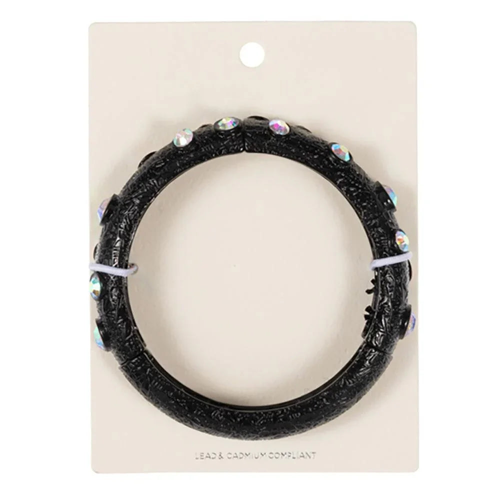 Black Round Glass Stone Accented Textured Metal Bangle Stretch Bracelet - Jewelry Store by Erik Rayo