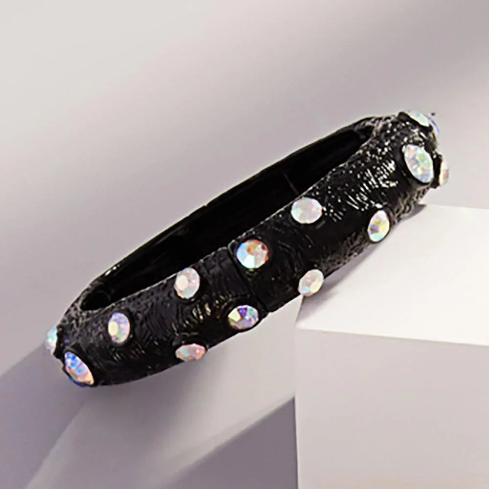 Black Round Glass Stone Accented Textured Metal Bangle Stretch Bracelet - Jewelry Store by Erik Rayo