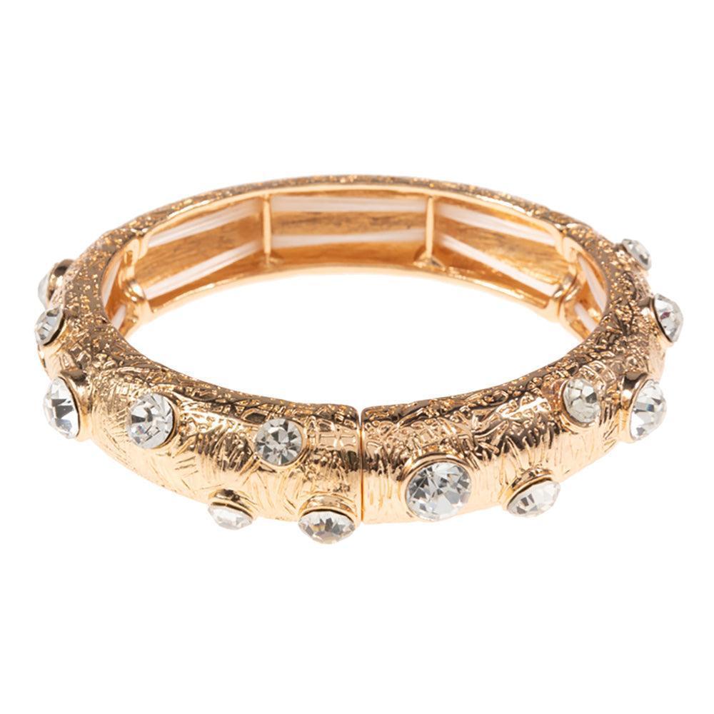 Clear Round Glass Stone Accented Textured Metal Bangle Stretch Bracelet - Jewelry Store by Erik Rayo