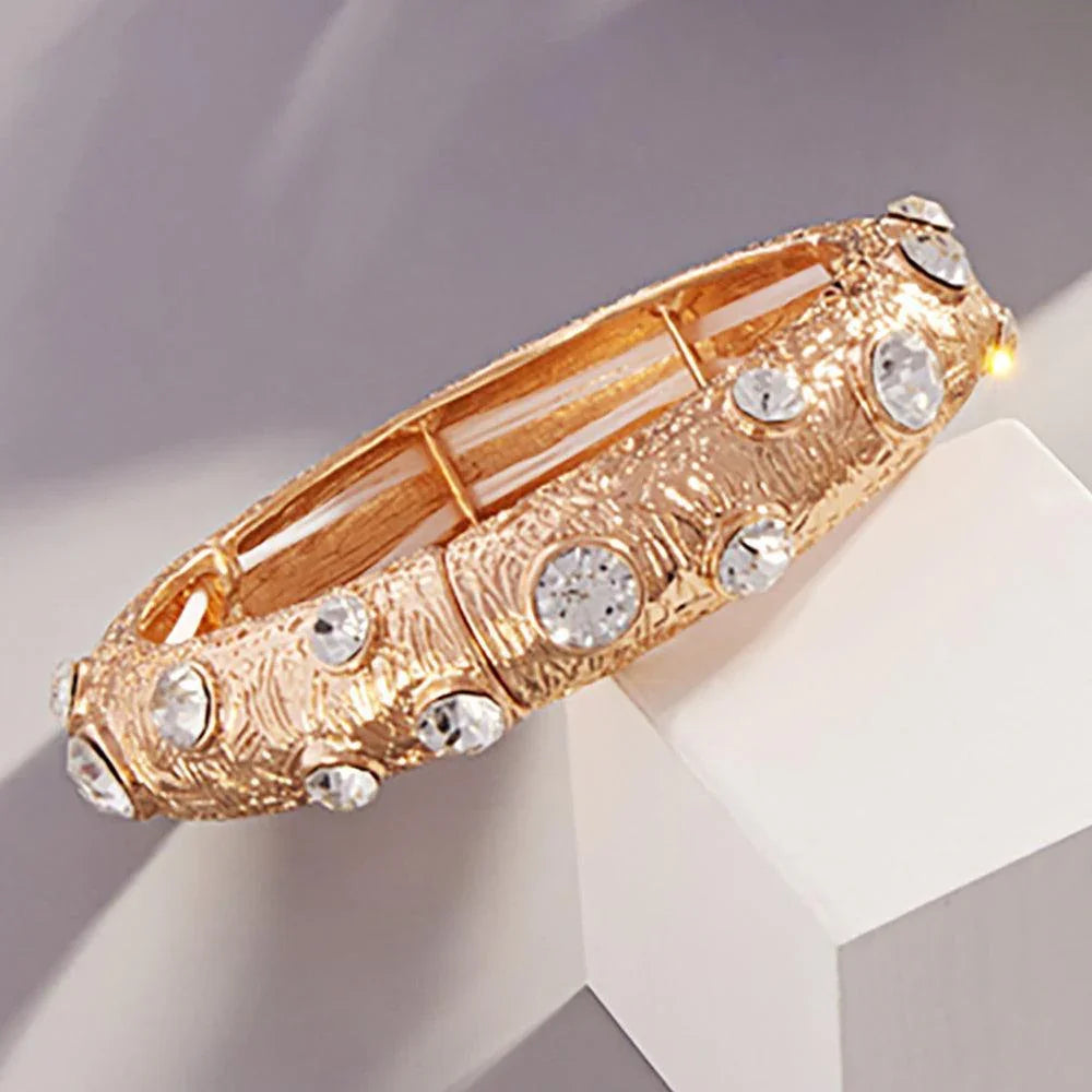 Clear Round Glass Stone Accented Textured Metal Bangle Stretch Bracelet - Jewelry Store by Erik Rayo