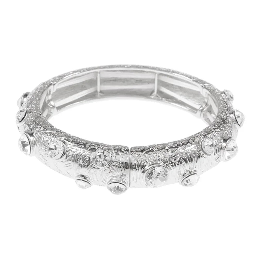 Clear Round Glass Stone Accented Textured Metal Bangle Stretch Bracelet - Jewelry Store by Erik Rayo