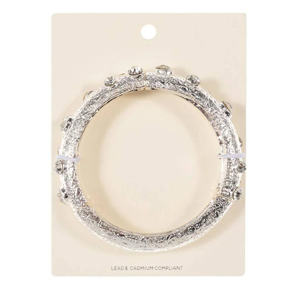 Clear Round Glass Stone Accented Textured Metal Bangle Stretch Bracelet - Jewelry Store by Erik Rayo