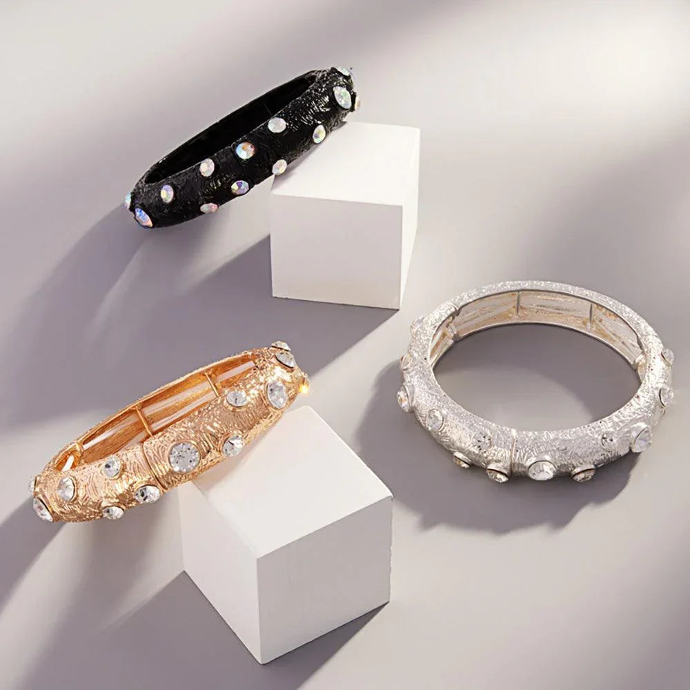 Clear Round Glass Stone Accented Textured Metal Bangle Stretch Bracelet - Jewelry Store by Erik Rayo