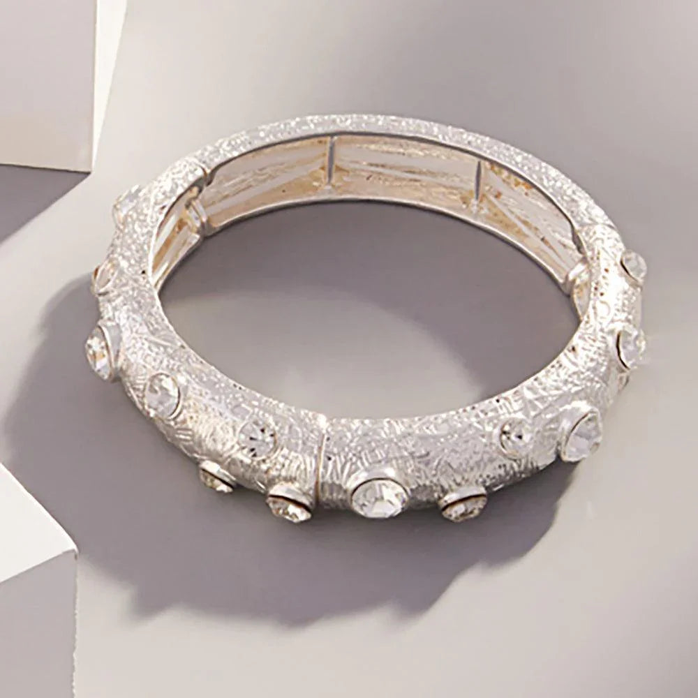 Clear Round Glass Stone Accented Textured Metal Bangle Stretch Bracelet - Jewelry Store by Erik Rayo