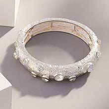 Load image into Gallery viewer, Clear Round Glass Stone Accented Textured Metal Bangle Stretch Bracelet
