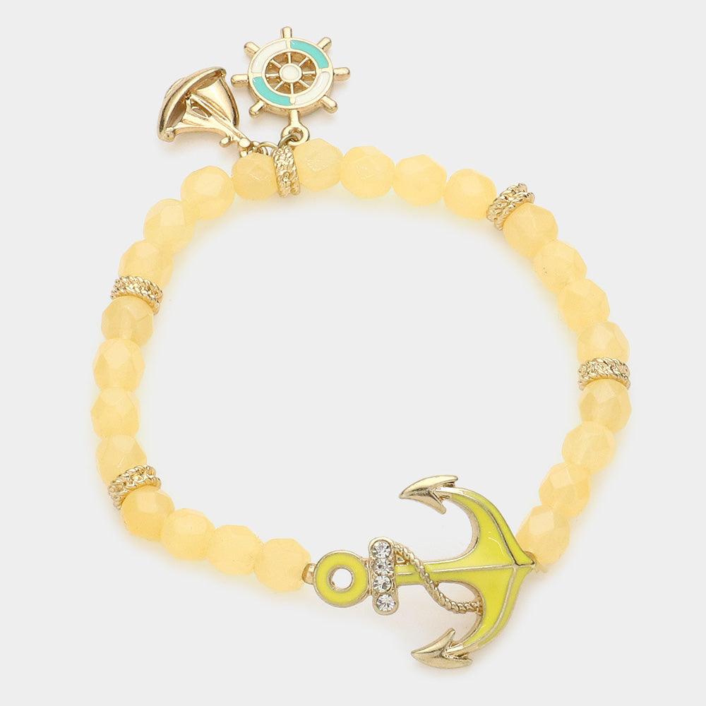 Yellow Anchor & ship wheel charm beaded stretch bracelet