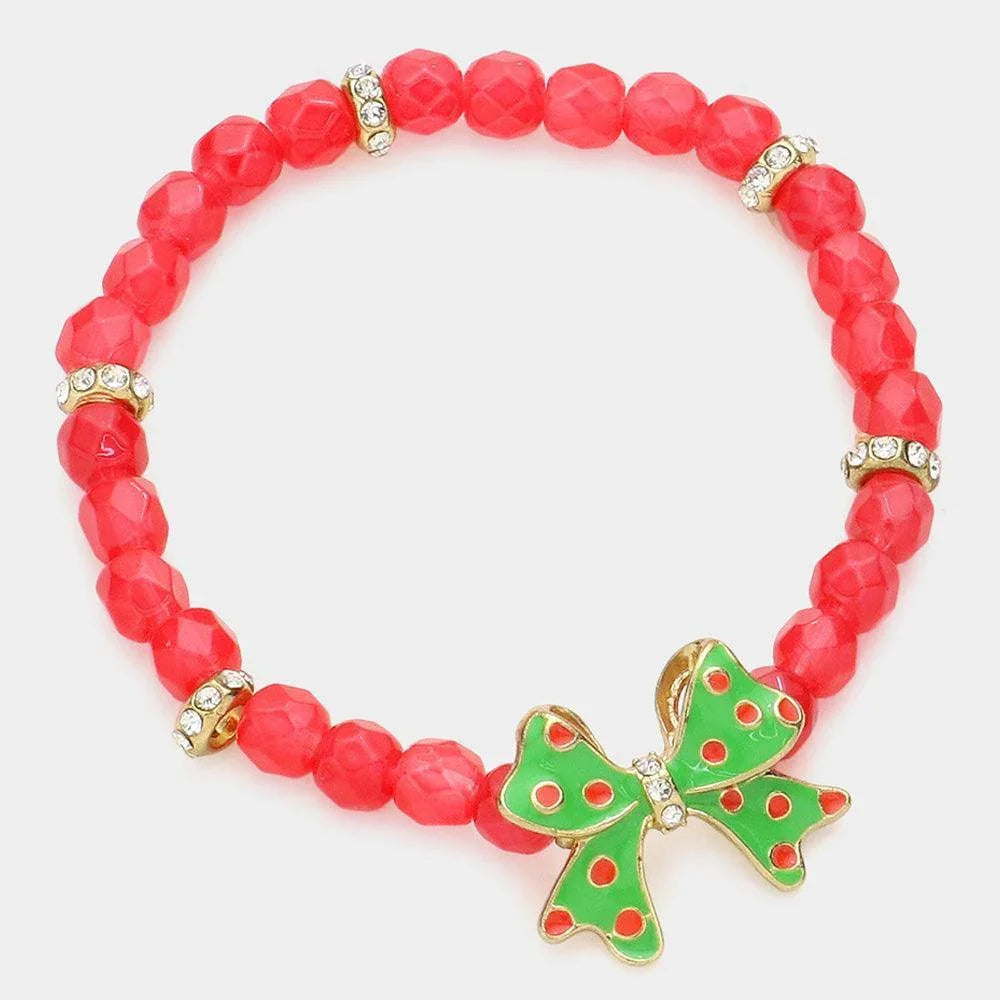 Red Enamel bow beaded stretch bracelet - Jewelry Store by Erik Rayo