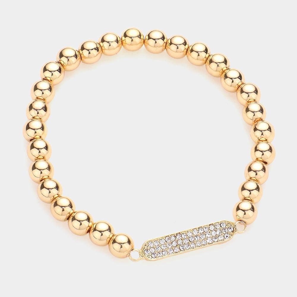 Gold Rhinestone Pave Oval Accented Metal Ball Stretch Bracelet - Jewelry Store by Erik Rayo