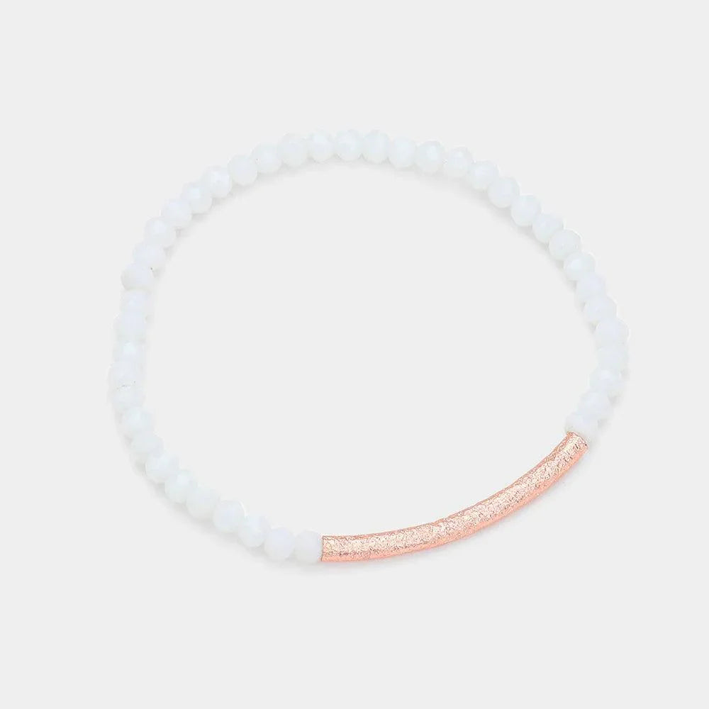 White Faceted Bead Textured Metal Accented Stretch Bracelet - Jewelry Store by Erik Rayo