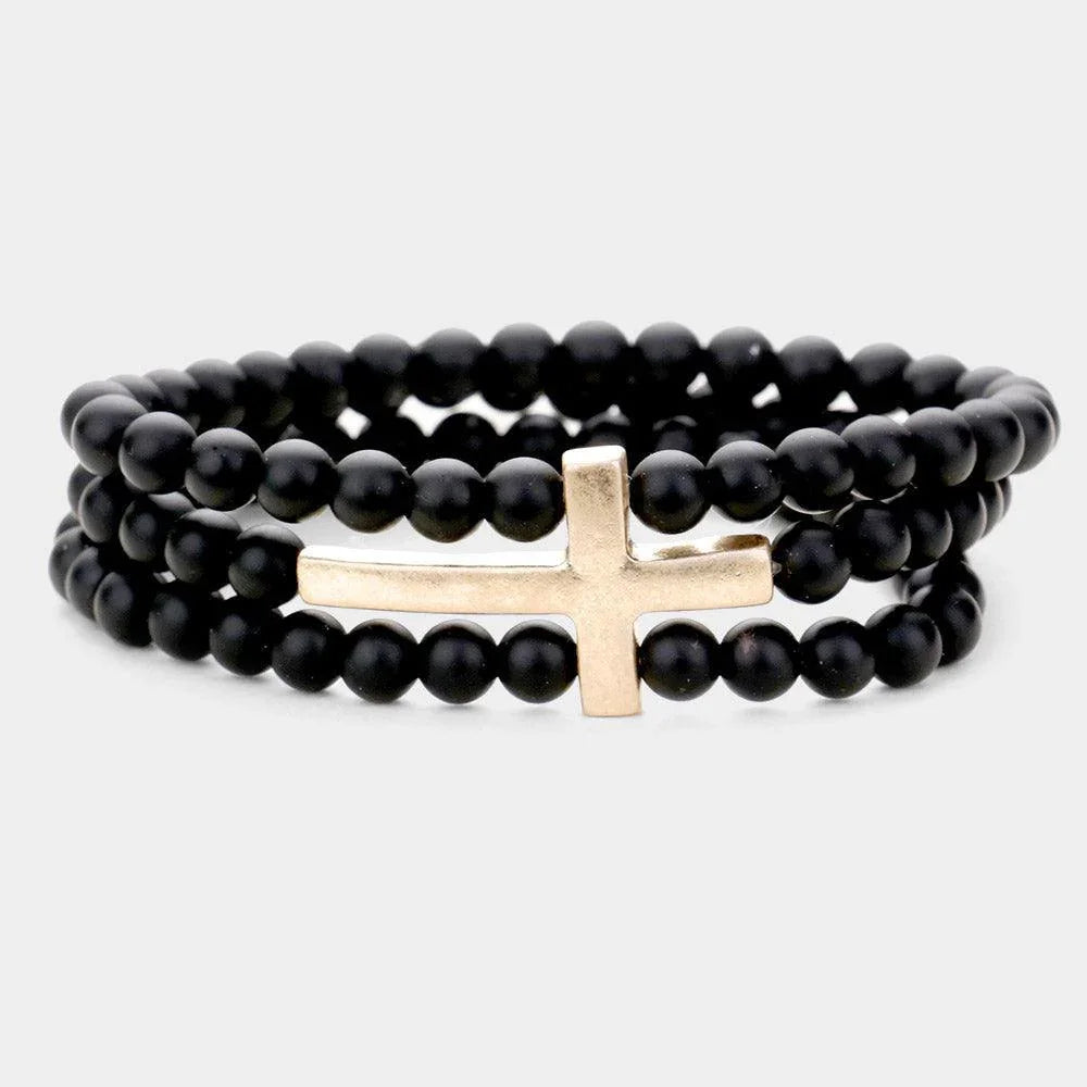 Black Metal Cross Accented Triple Layered Semi Precious Stretch Bracelet - Jewelry Store by Erik Rayo