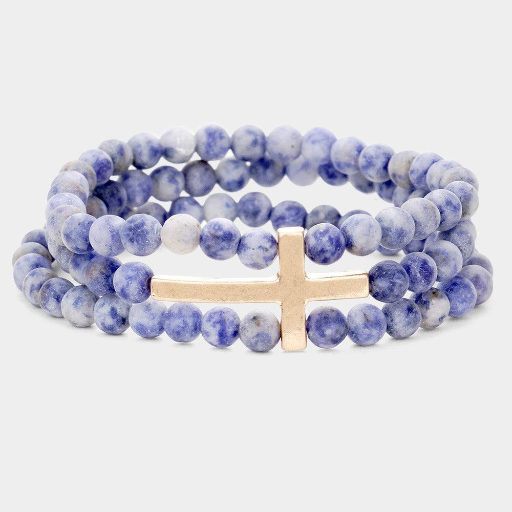 Blue Metal Cross Accented Triple Layered Semi Precious Stretch Bracelet - Jewelry Store by Erik Rayo
