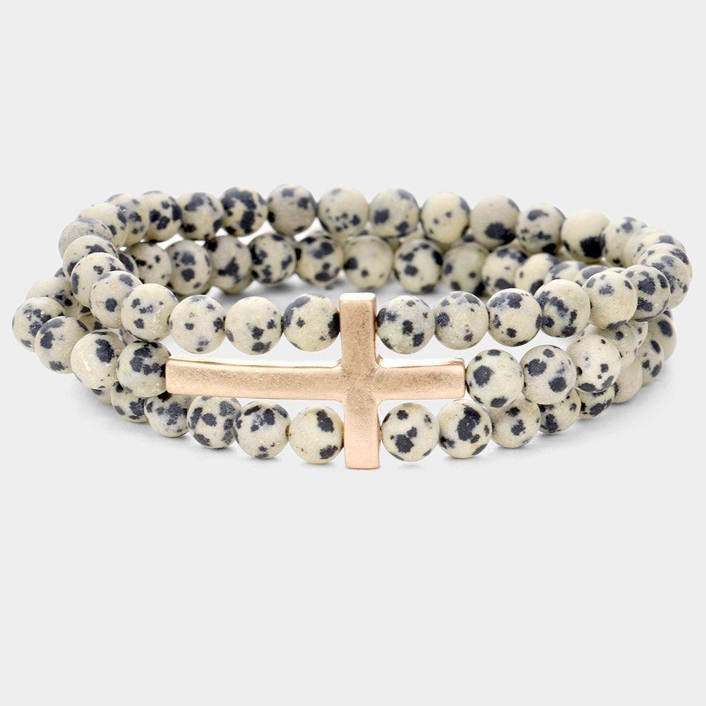 Black Metal Cross Accented Triple Layered Semi Precious Stretch Bracelet - Jewelry Store by Erik Rayo