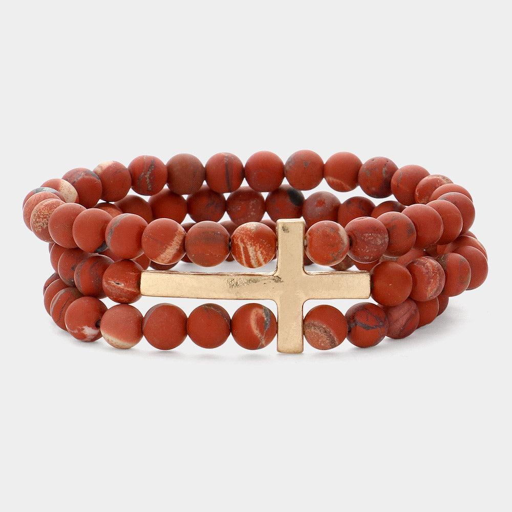 Brown Metal Cross Accented Triple Layered Semi Precious Stretch Bracelet - Jewelry Store by Erik Rayo