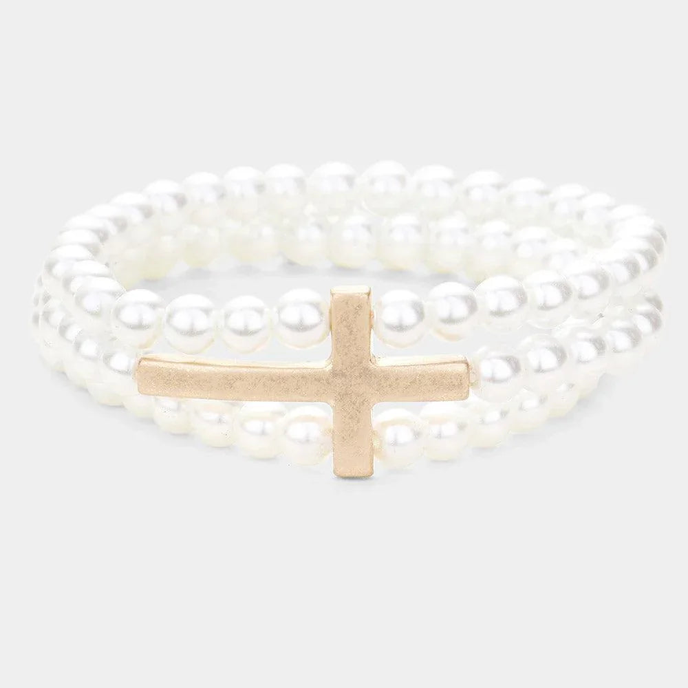 Cream Metal Cross Accented Triple Layered Semi Precious Stretch Bracelet - Jewelry Store by Erik Rayo