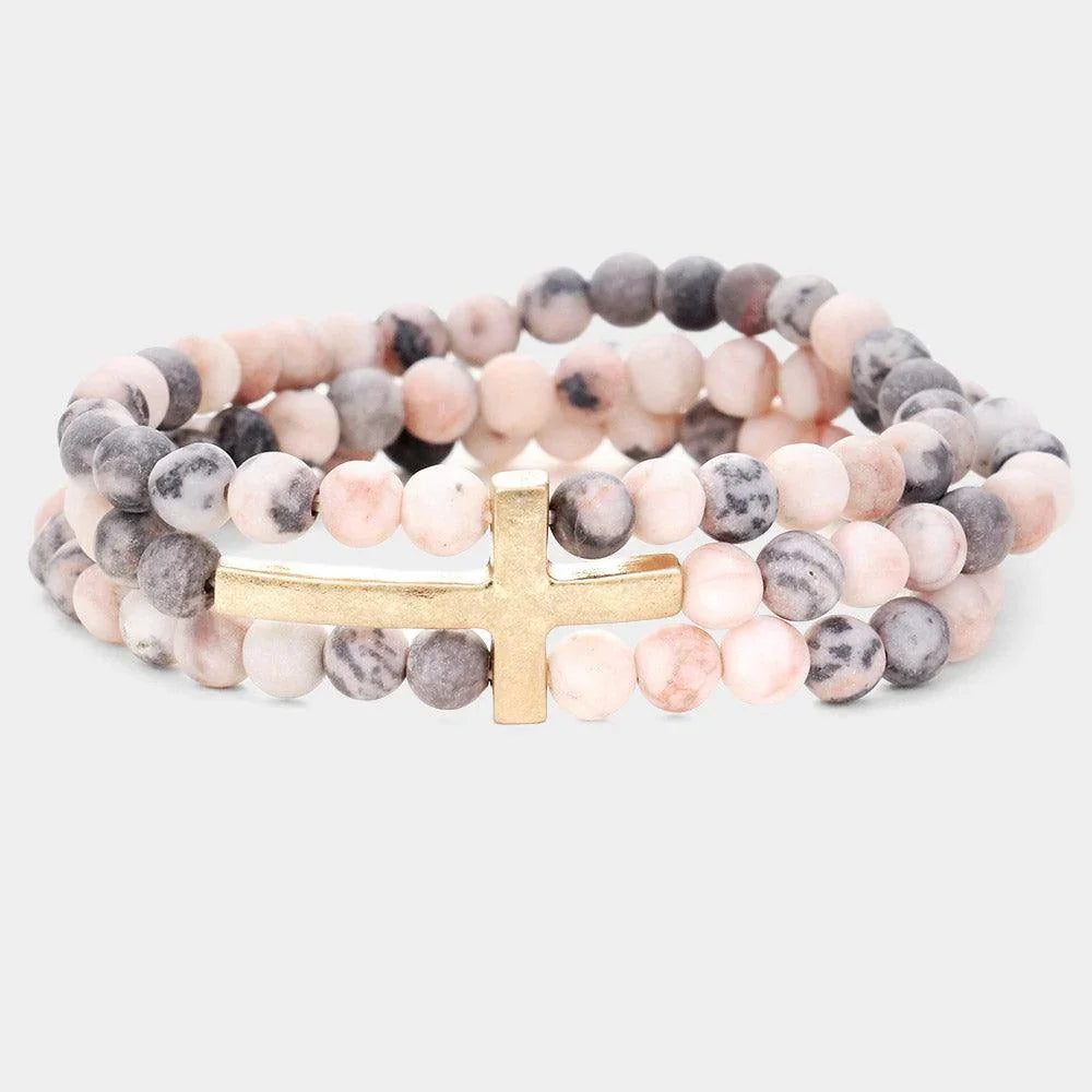 Silver Metal Cross Accented Triple Layered Semi Precious Stretch Bracelet - Jewelry Store by Erik Rayo