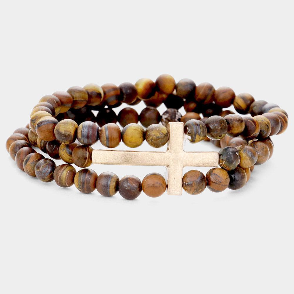 Brown Metal Cross Accented Triple Layered Semi Precious Stretch Bracelet - Jewelry Store by Erik Rayo