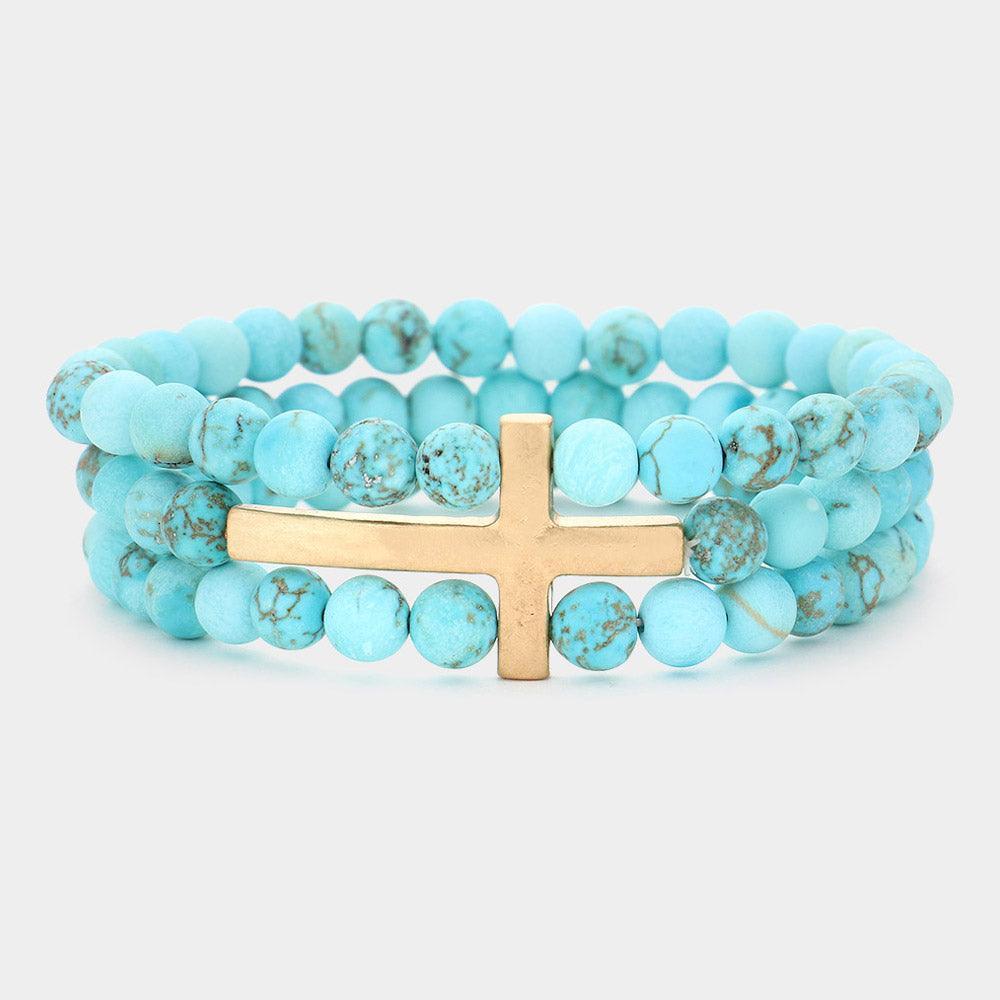 Turquoise Metal Cross Accented Triple Layered Semi Precious Stretch Bracelet - Jewelry Store by Erik Rayo