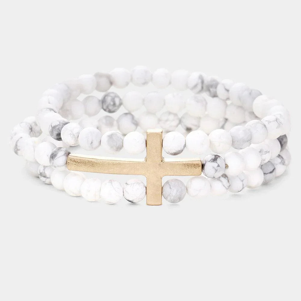 White Metal Cross Accented Triple Layered Semi Precious Stretch Bracelet - Jewelry Store by Erik Rayo