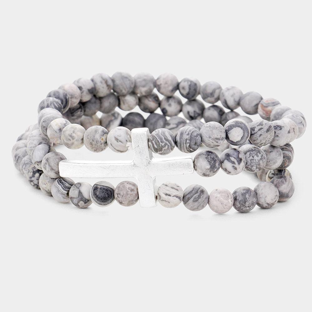 Silver Metal Cross Accented Triple Layered Semi Precious Stretch Bracelet - Jewelry Store by Erik Rayo