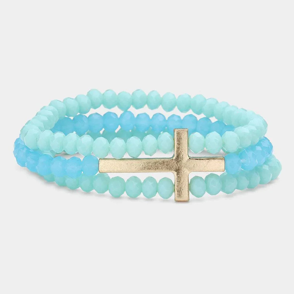 Blue Metal Cross Accented Faceted Beaded Stretch Bracelet - Jewelry Store by Erik Rayo