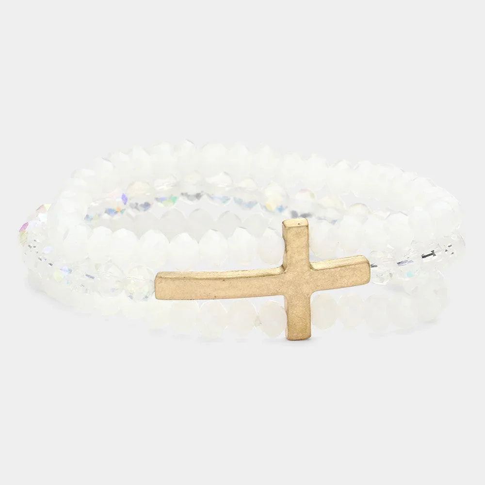 White Metal Cross Accented Faceted Beaded Stretch Bracelet - Jewelry Store by Erik Rayo