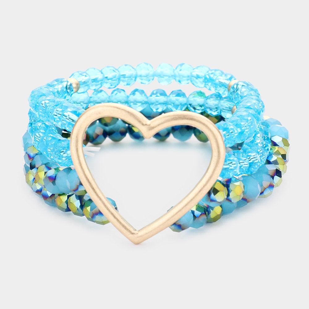 Blue Open Metal Heart Accented Multi Layered Faceted Beaded Stretch Bracelet