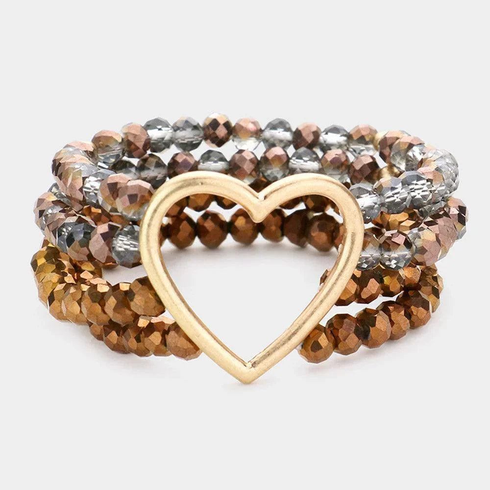 Open Metal Heart Accented Multi Layered Faceted Beaded Stretch Bracelet - Jewelry Store by Erik Rayo