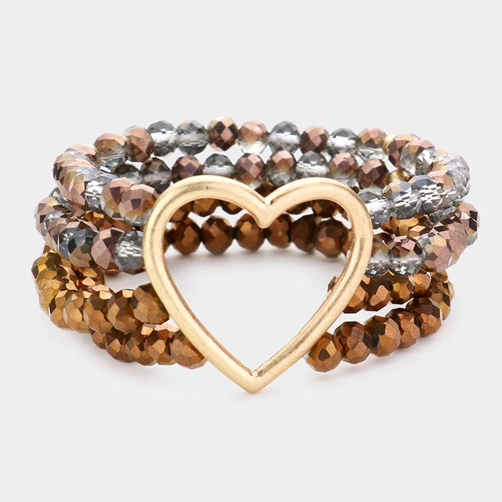 Open Metal Heart Accented Multi Layered Faceted Beaded Stretch Bracelet