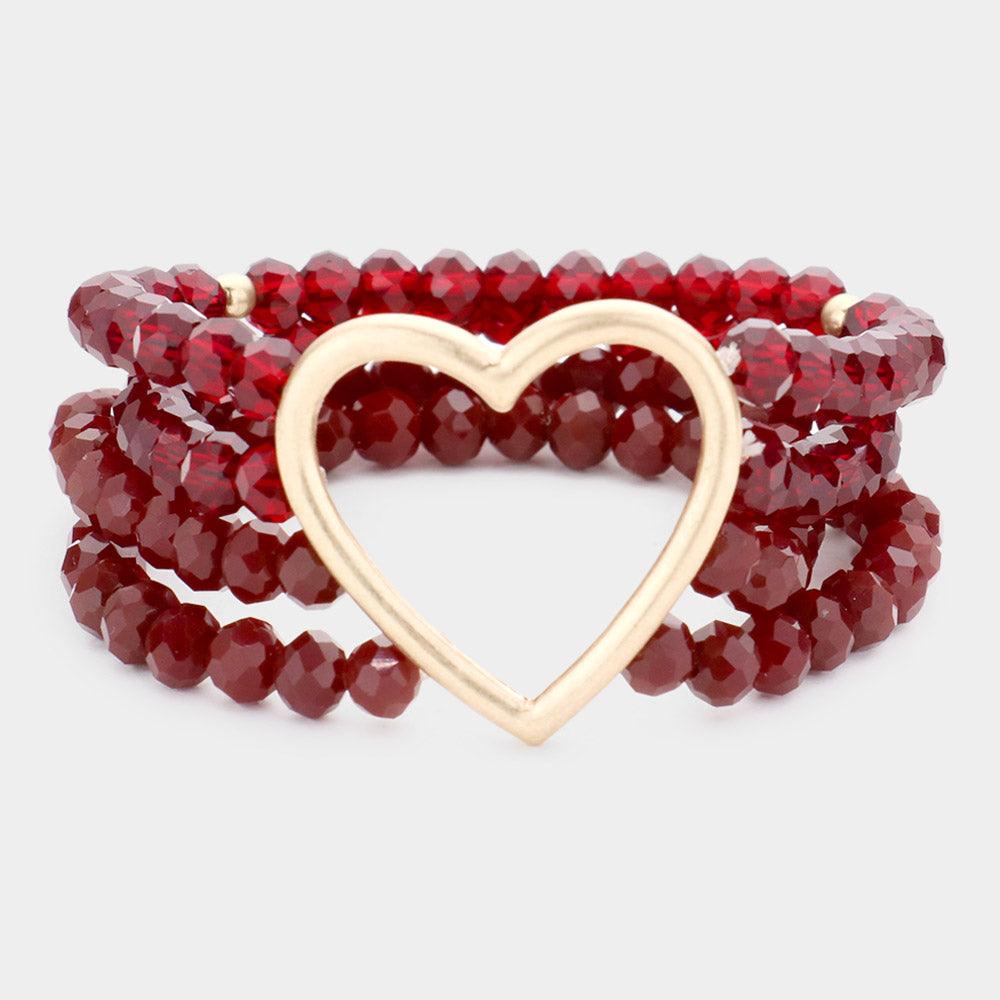 Red Open Metal Heart Accented Multi Layered Faceted Beaded Stretch Bracelet