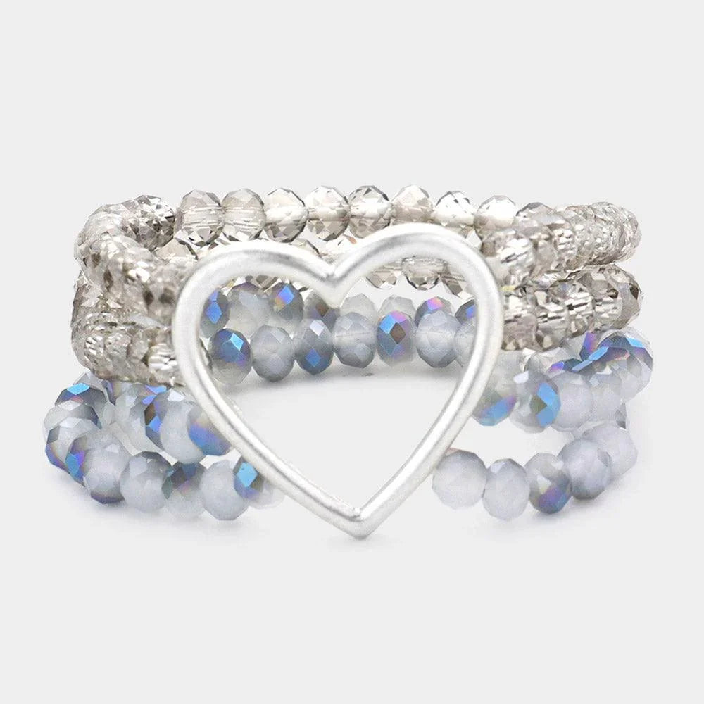 Gray Open Metal Heart Accented Multi Layered Faceted Beaded Stretch Bracelet - Jewelry Store by Erik Rayo
