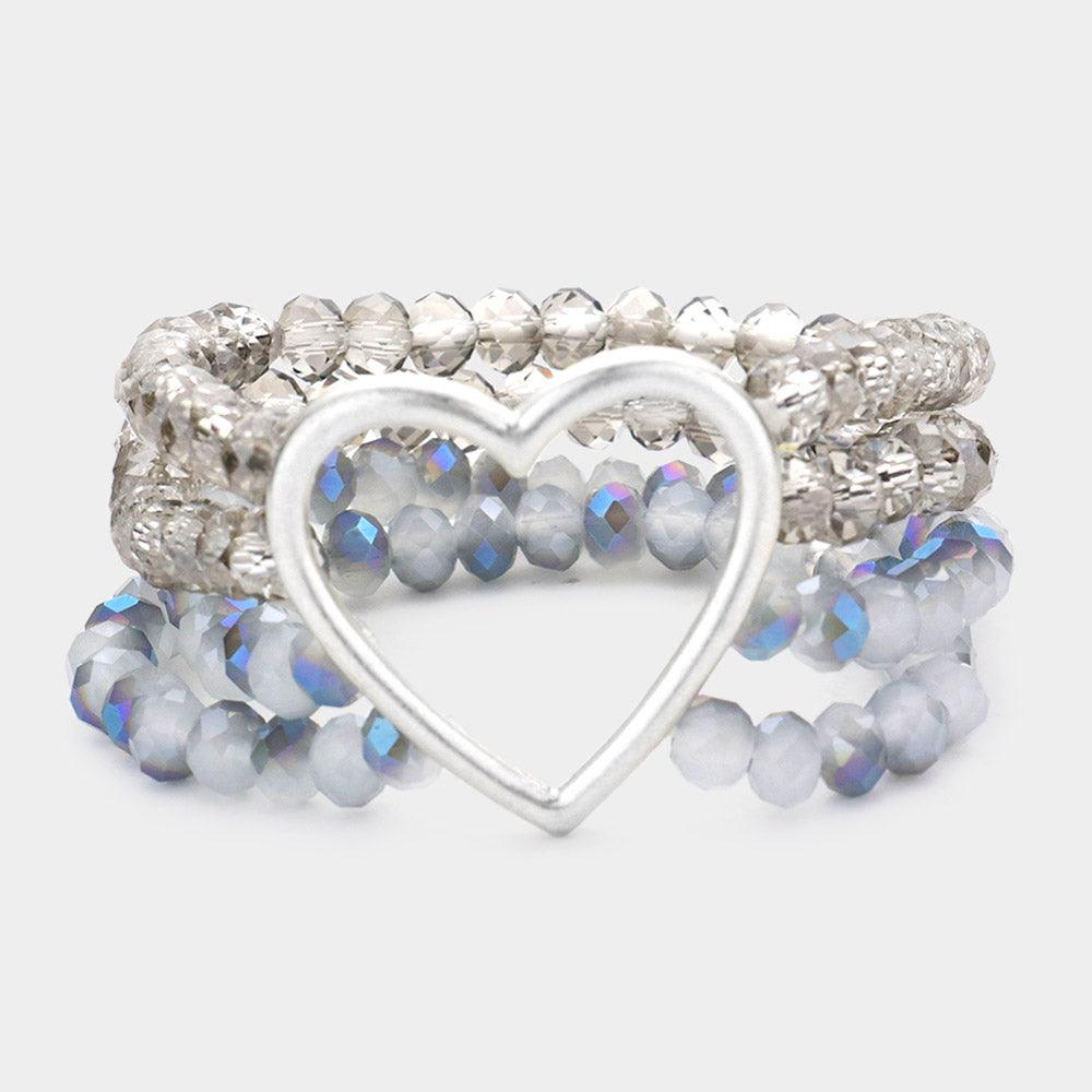 Gray Open Metal Heart Accented Multi Layered Faceted Beaded Stretch Bracelet