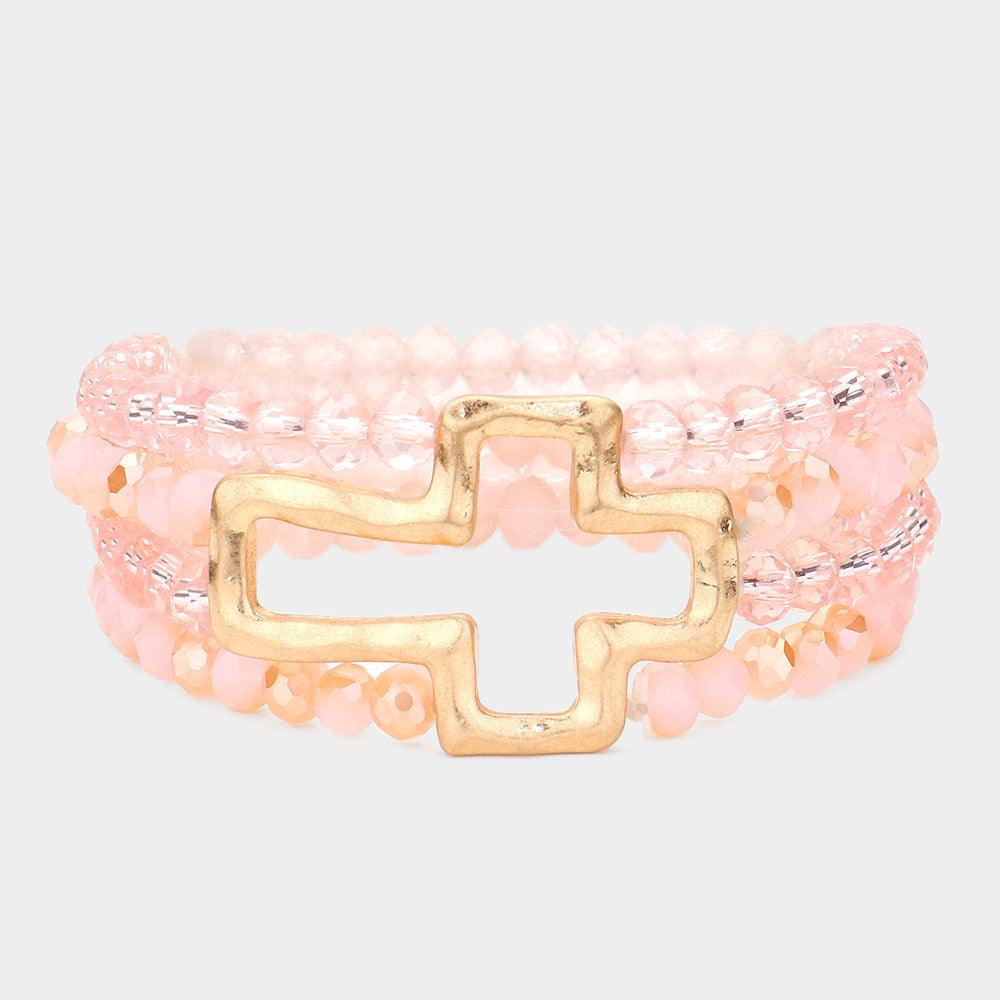 Pink Open Metal Cross Accented Faceted Beaded Stretch Bracelet