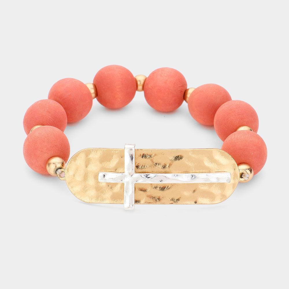 Silver Hammered Metal Cross Wood Bracelet - Jewelry Store by Erik Rayo