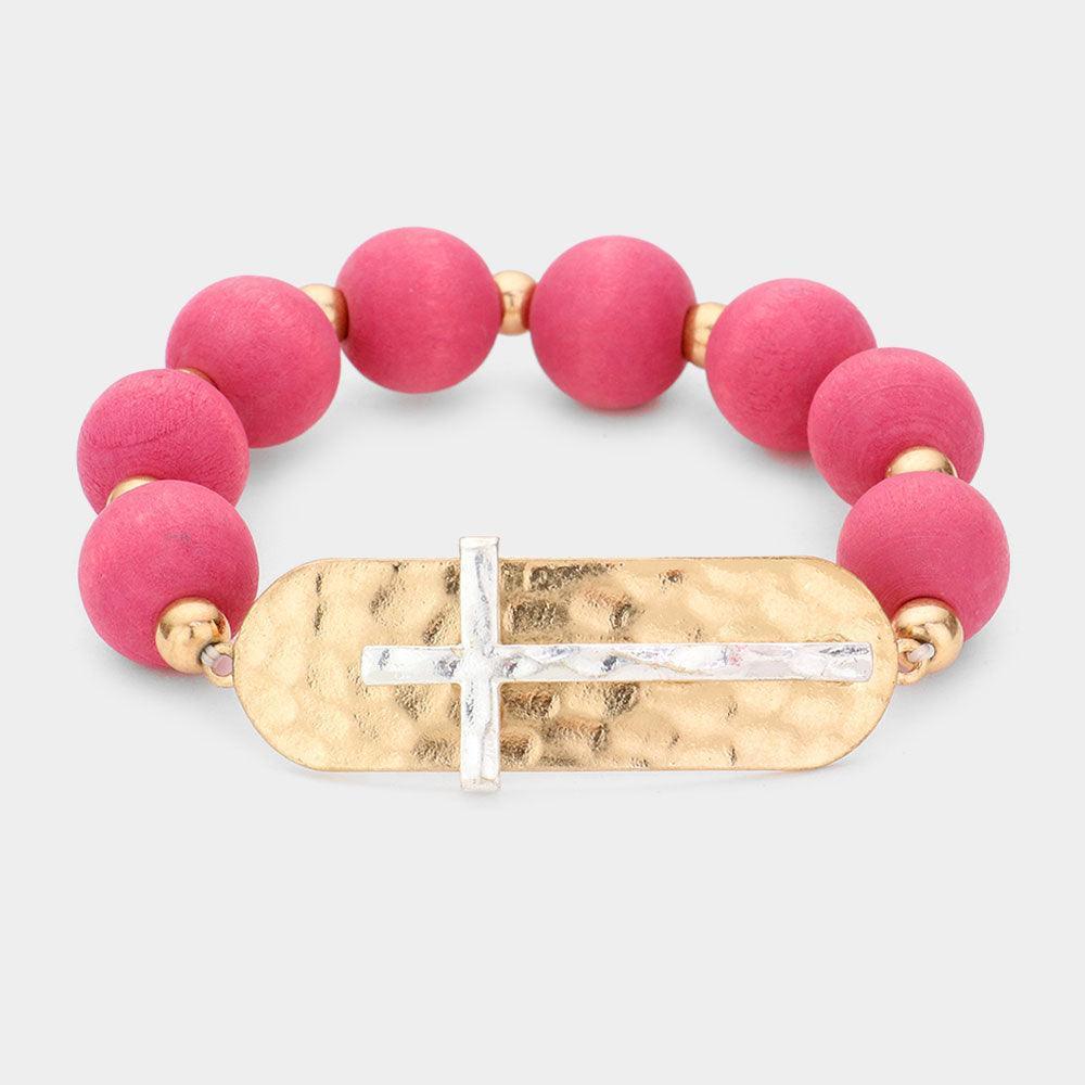 Silver Hammered Metal Cross Wood Bracelet - Jewelry Store by Erik Rayo