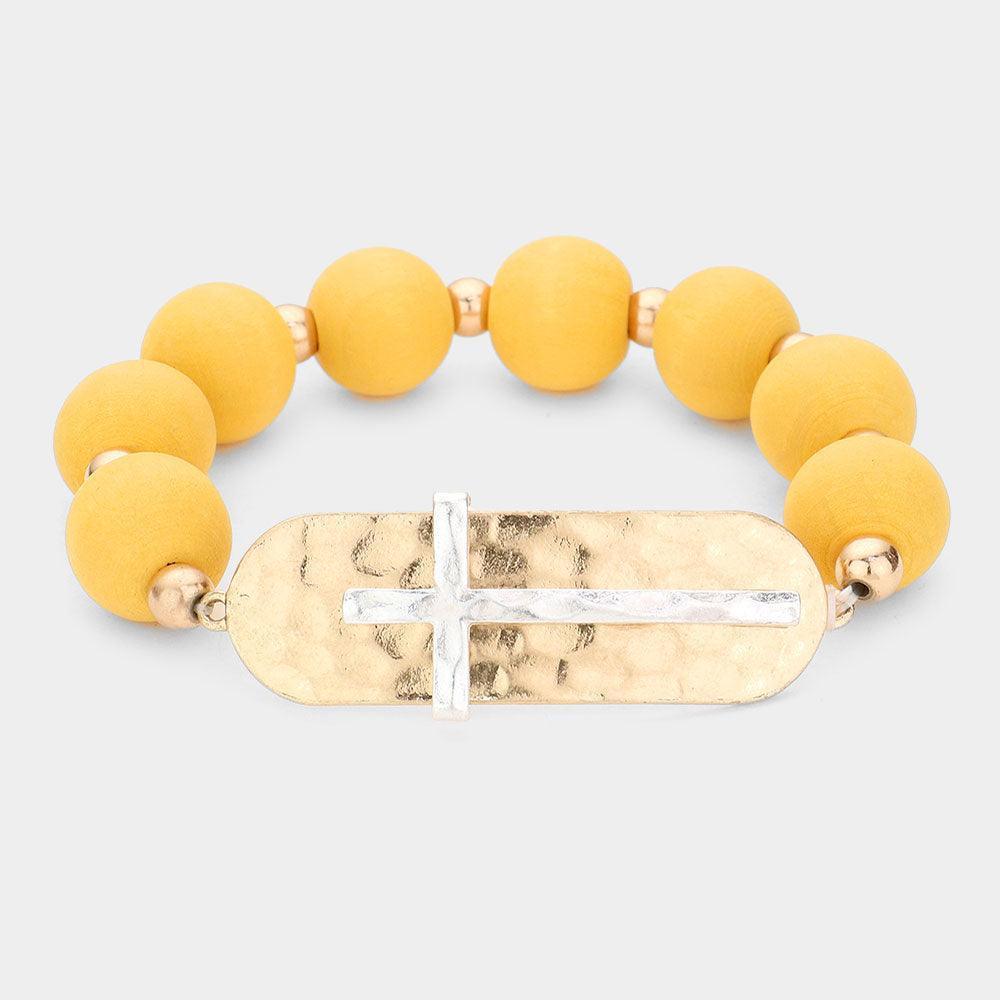 Yellow Hammered Metal Cross Wood Bracelet - Jewelry Store by Erik Rayo