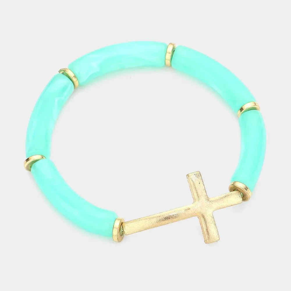 Turquoise Worn Metal Cross Accented Acetate Stretch Bracelet - Jewelry Store by Erik Rayo