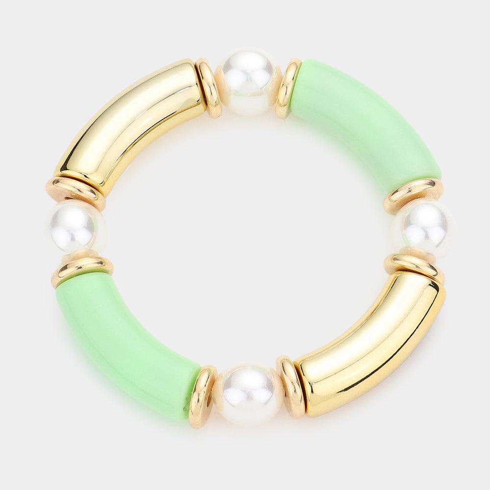 Oval Pearl Accented Resin Stretch Bracelet