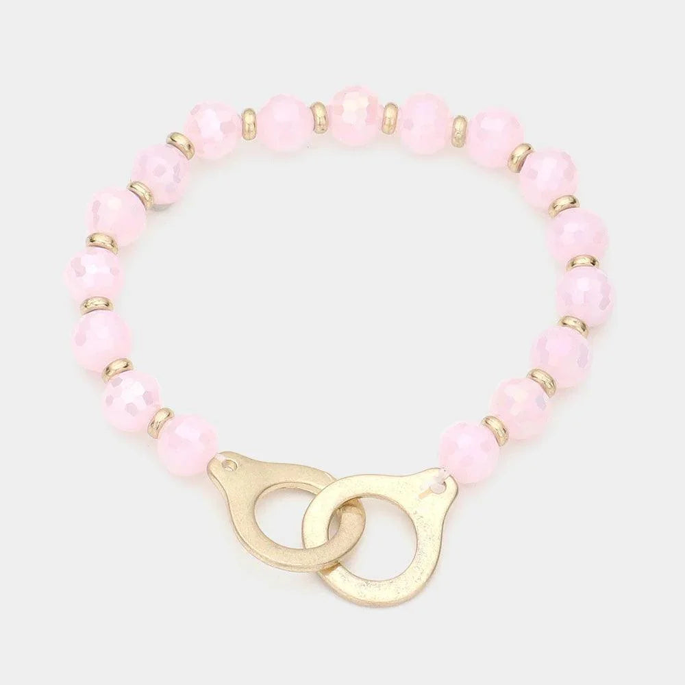 Pink Open Metal Link Accented Faceted Beaded Stretch Bracelet - Jewelry Store by Erik Rayo