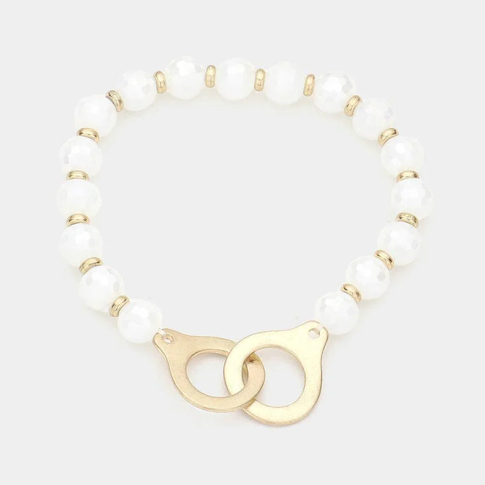 White Open Metal Link Accented Faceted Beaded Stretch Bracelet - Jewelry Store by Erik Rayo