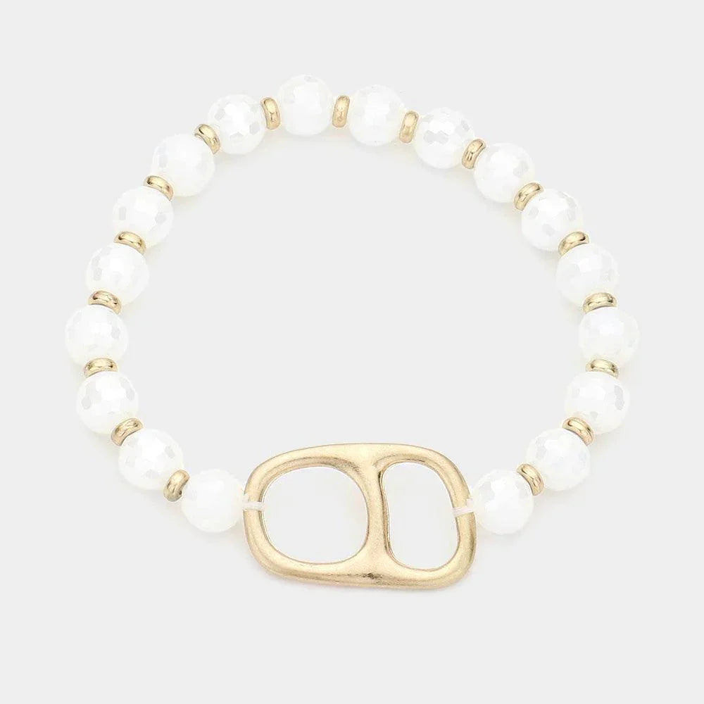 White Abstract Metal Accented Faceted Beaded Stretch Bracelet - Jewelry Store by Erik Rayo