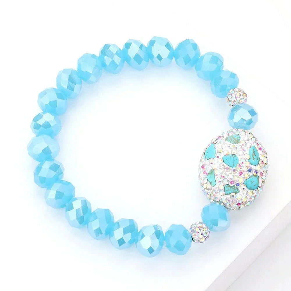 Turquoise Oval Shamballa Ball Accented Natural Stone Bracelet - Jewelry Store by Erik Rayo