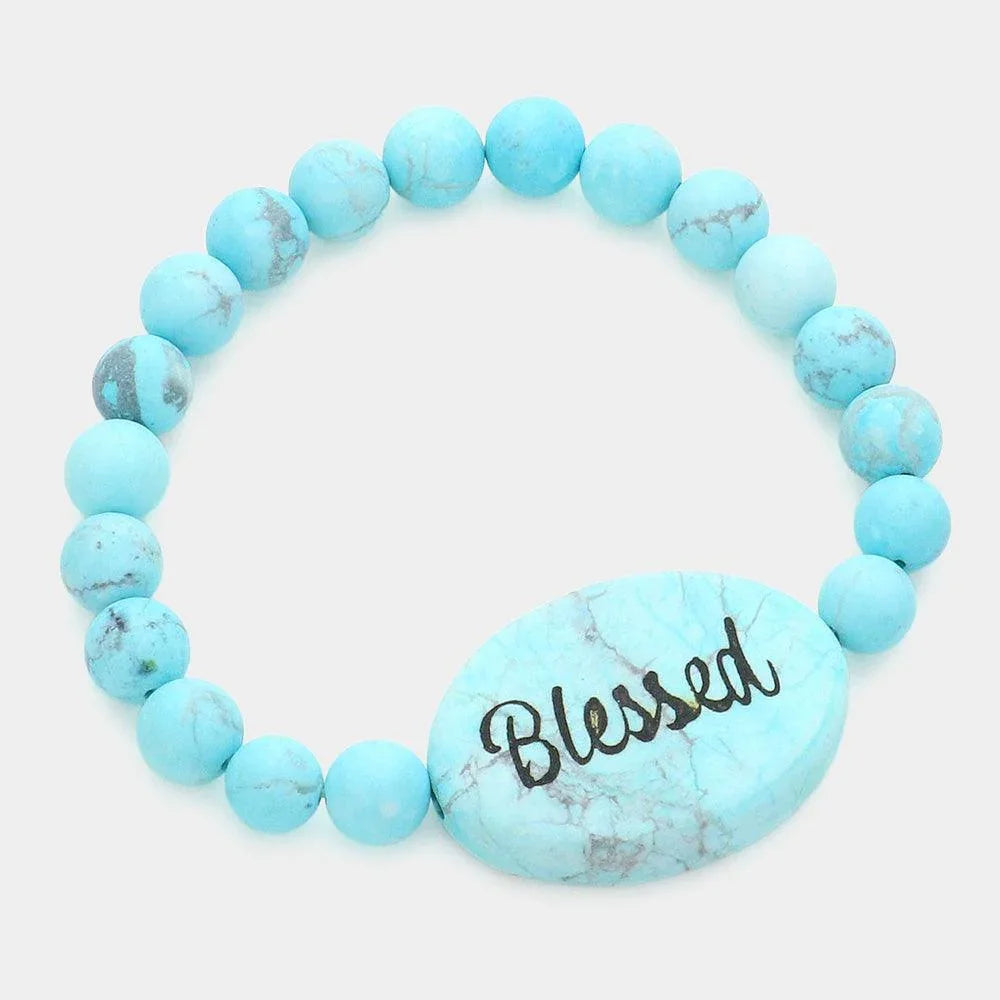 Turquoise Blessed Message Semi Precious Stone Stretch Bracelet - Jewelry Store by Erik Rayo