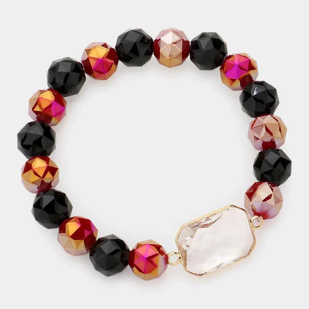 Burgundy Lucite Accented Faceted Beaded Stretch Bracelet - Jewelry Store by Erik Rayo