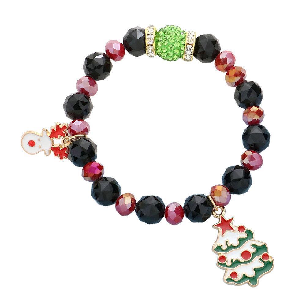 Black Rudolph Christmas Tree Charm Faceted Beaded Stretch Bracelet - Jewelry Store by Erik Rayo