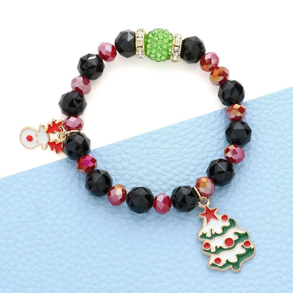 Black Rudolph Christmas Tree Charm Faceted Beaded Stretch Bracelet - Jewelry Store by Erik Rayo