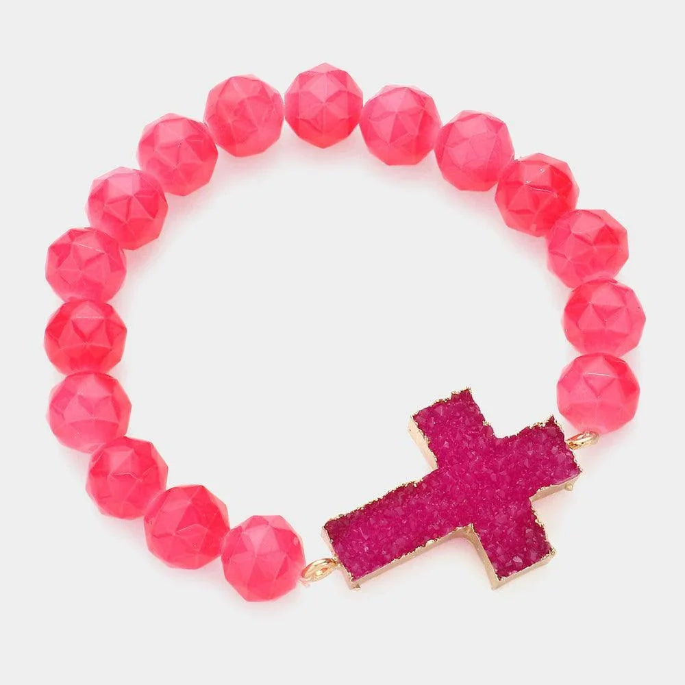 Fuchsia Druzy Cross Accented Faceted Beaded Stretch Bracelet - Jewelry Store by Erik Rayo