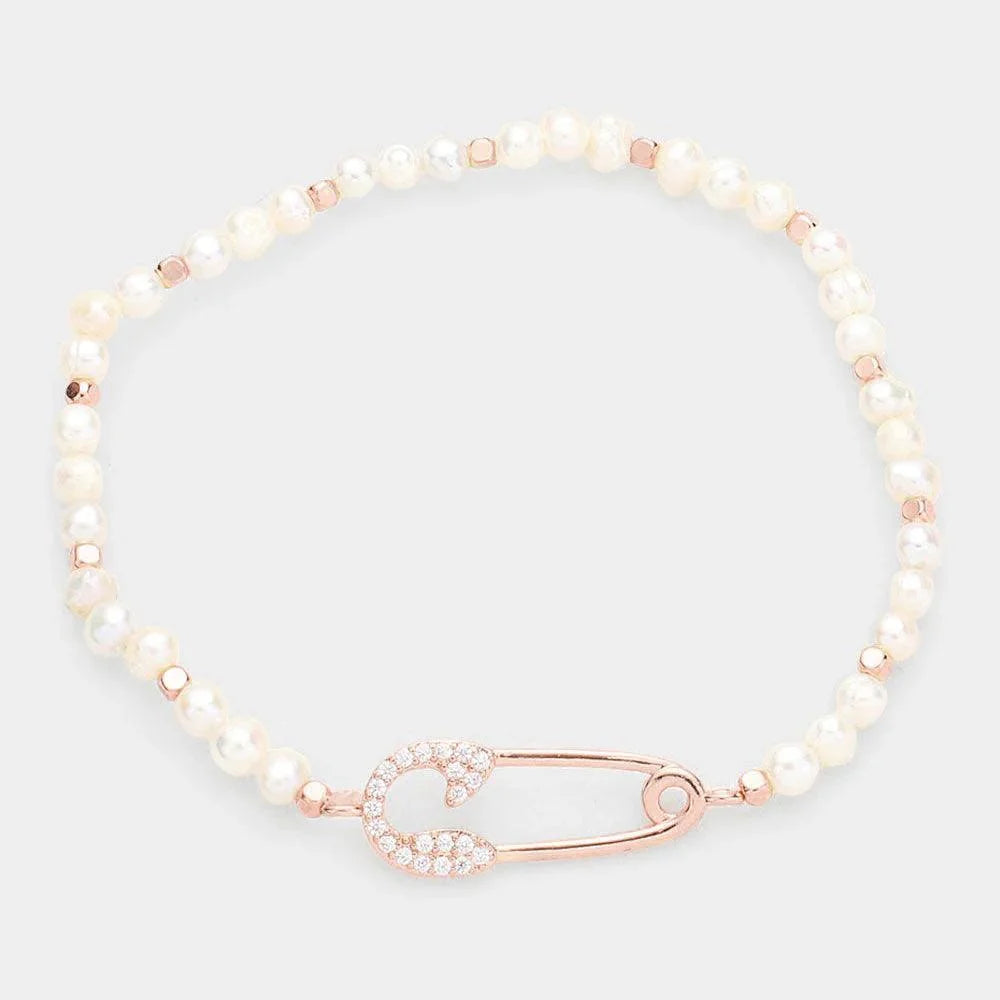 Rose Gold Rhinestone Safety Pin Accented Freshwater Pearl Stretch Bracelet - Jewelry Store by Erik Rayo