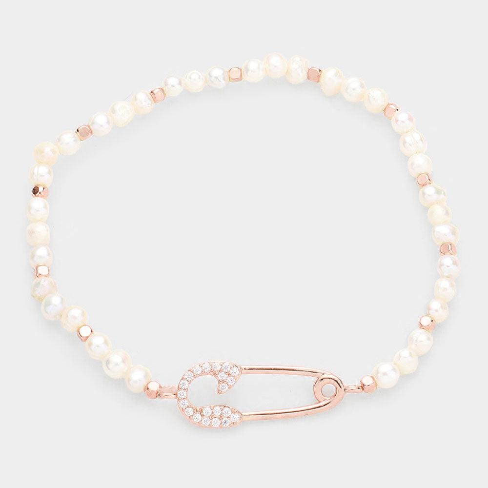 Rose Gold Rhinestone Safety Pin Accented Freshwater Pearl Stretch Bracelet