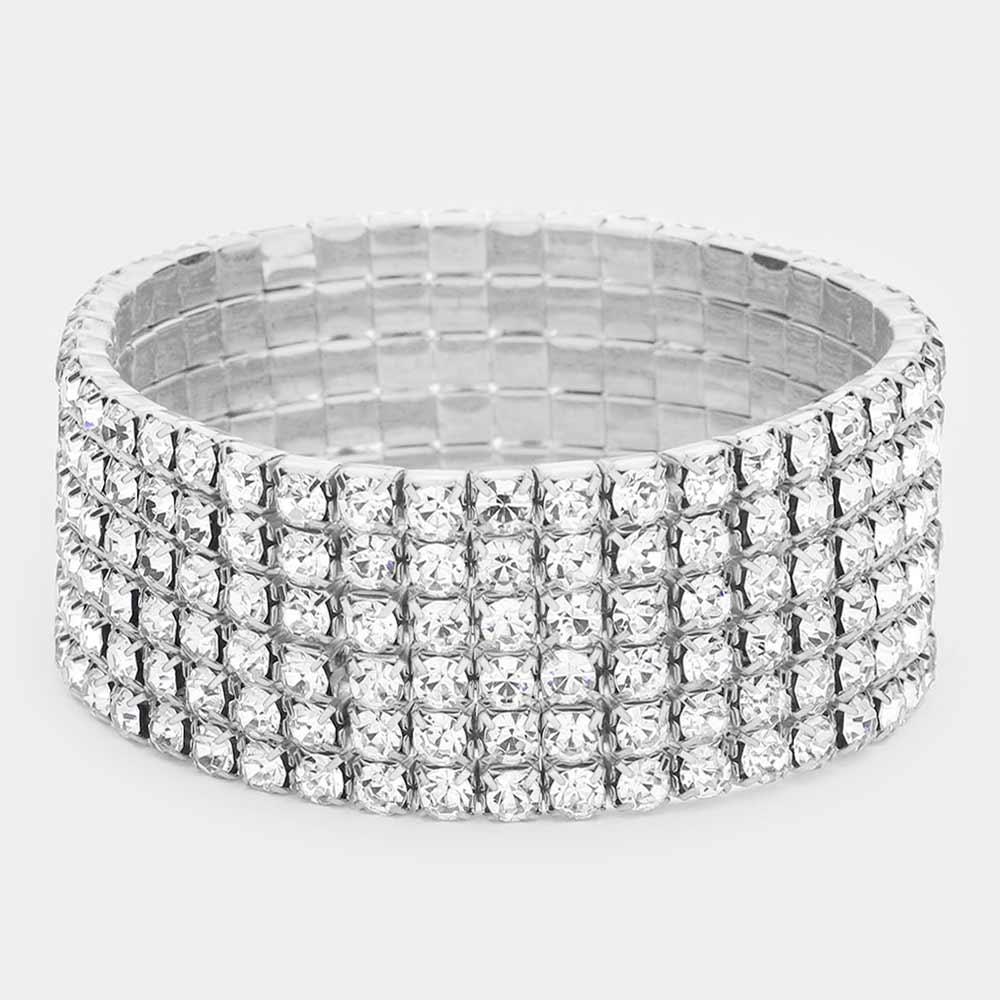 Silver 6Line Rhinestone Stretch Bracelet